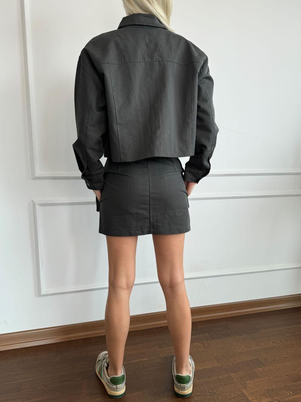 Cep Detaylı Antrasit Ceket Etek Takım