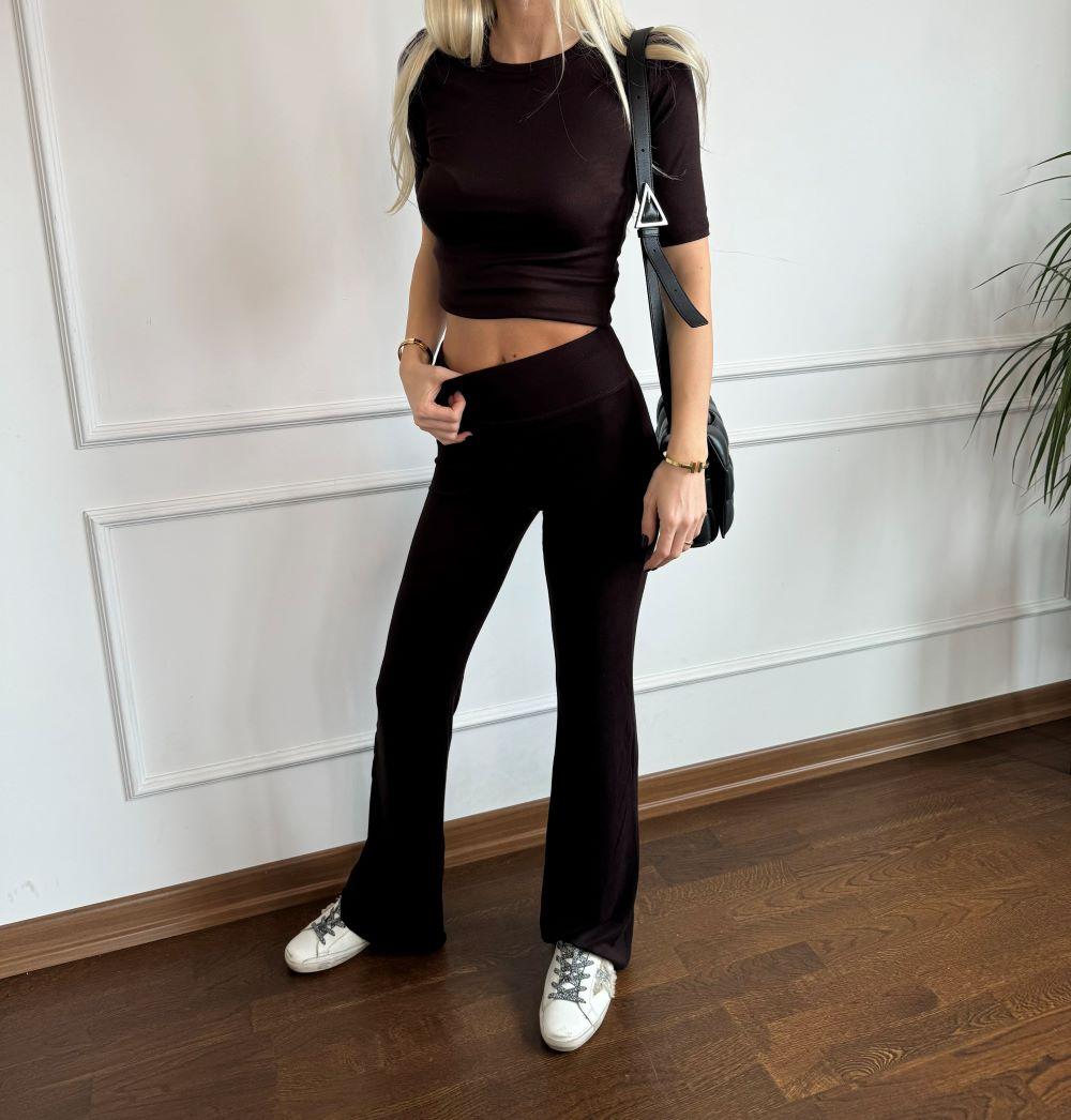 Yarım Kol Kahverengi Soft Touch Likralı Body