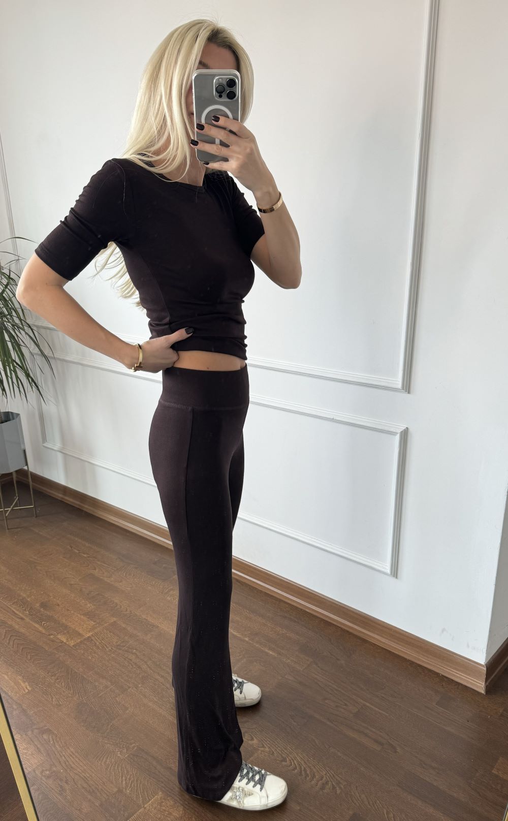 Kalın Kemerli Soft Touch Likralı İspanyol Paça Kahverengi Tayt