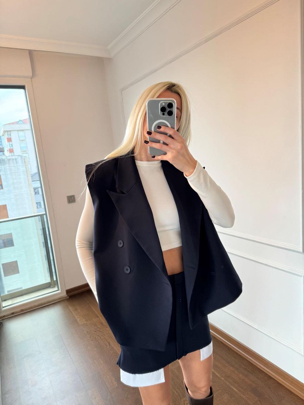 Premium Sıfır Kol Lacivert Yelek Etek Takım