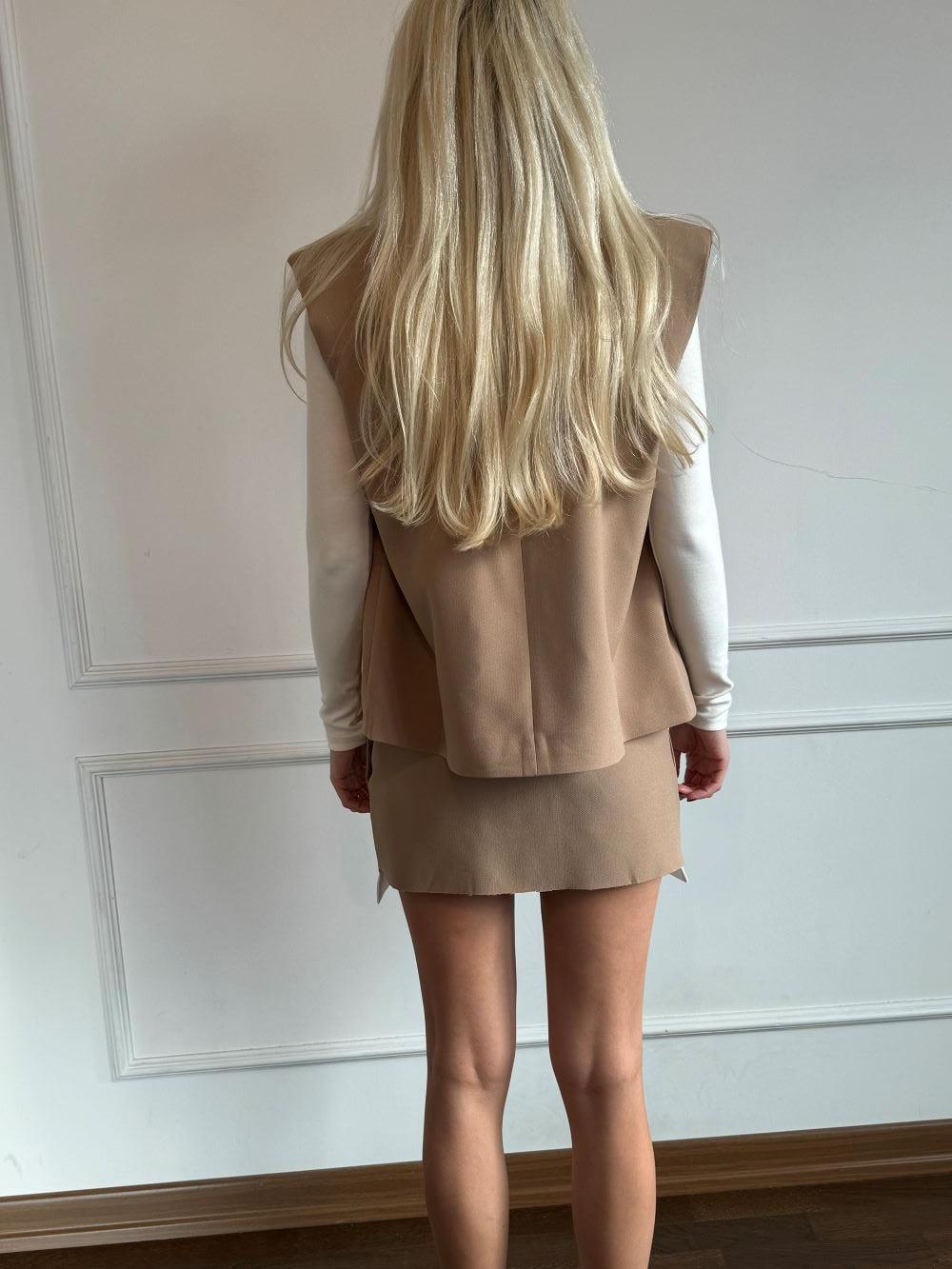 Premium Sıfır Kol Antik Vizon Yelek Etek Takım