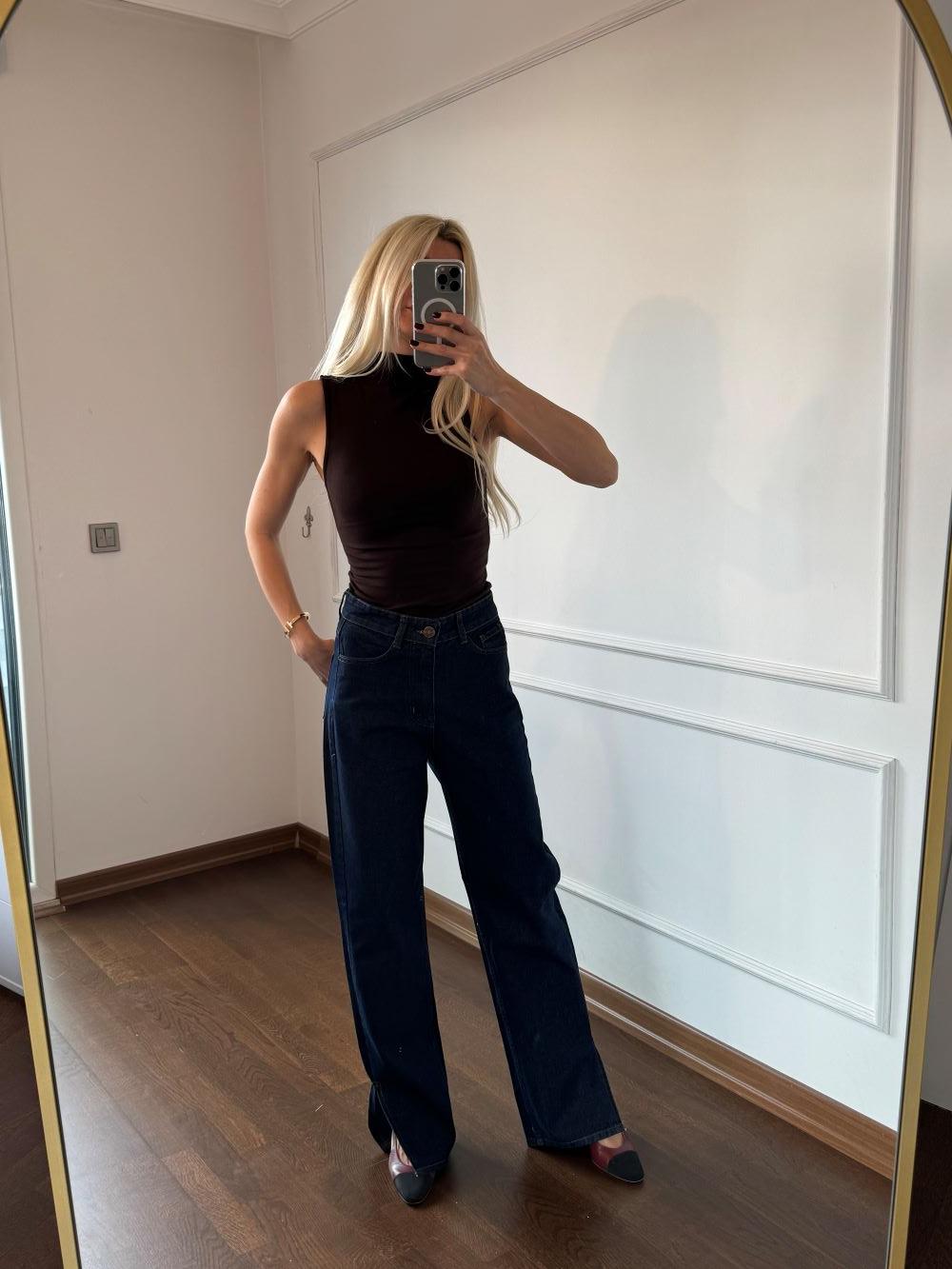 Boyfriend Lacivert Paça Yırtmaçlı Jean