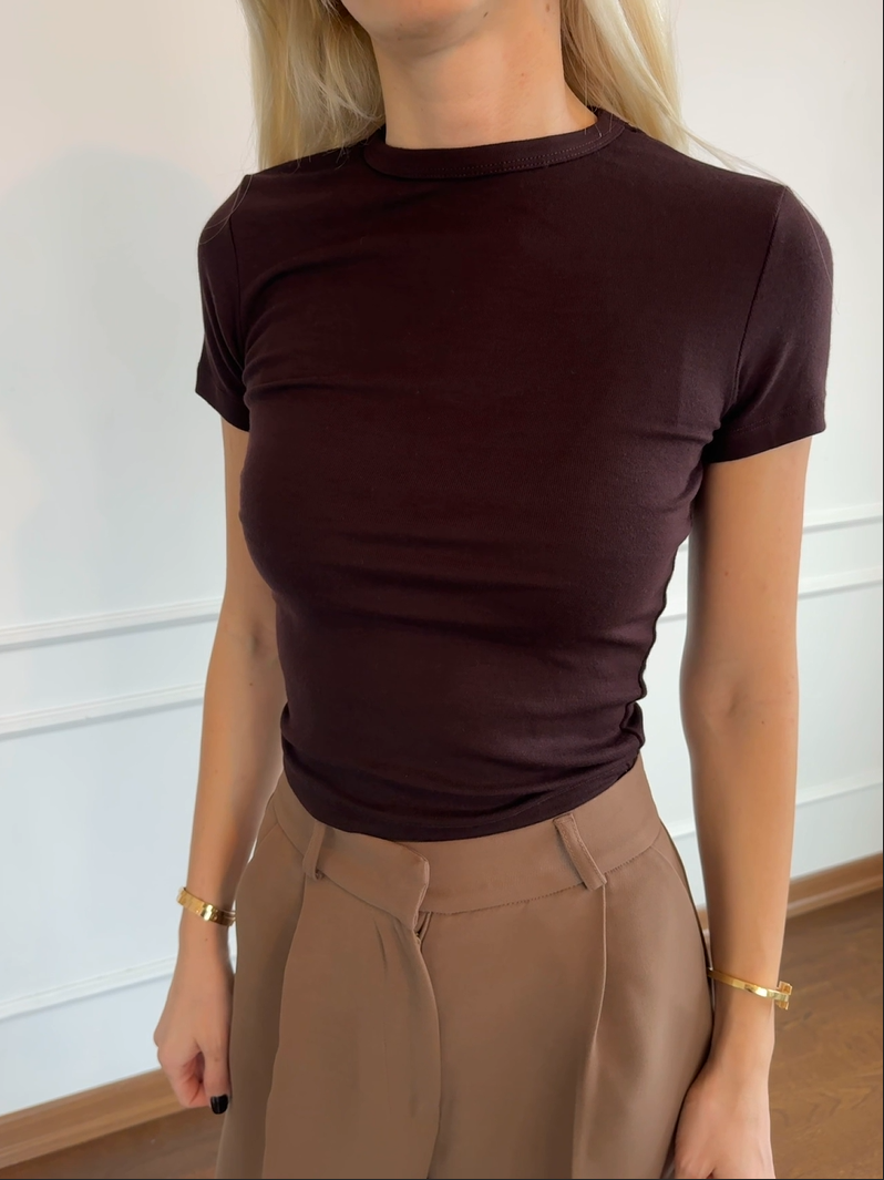 Kahverengi Soft Touch Kısa Kollu Body