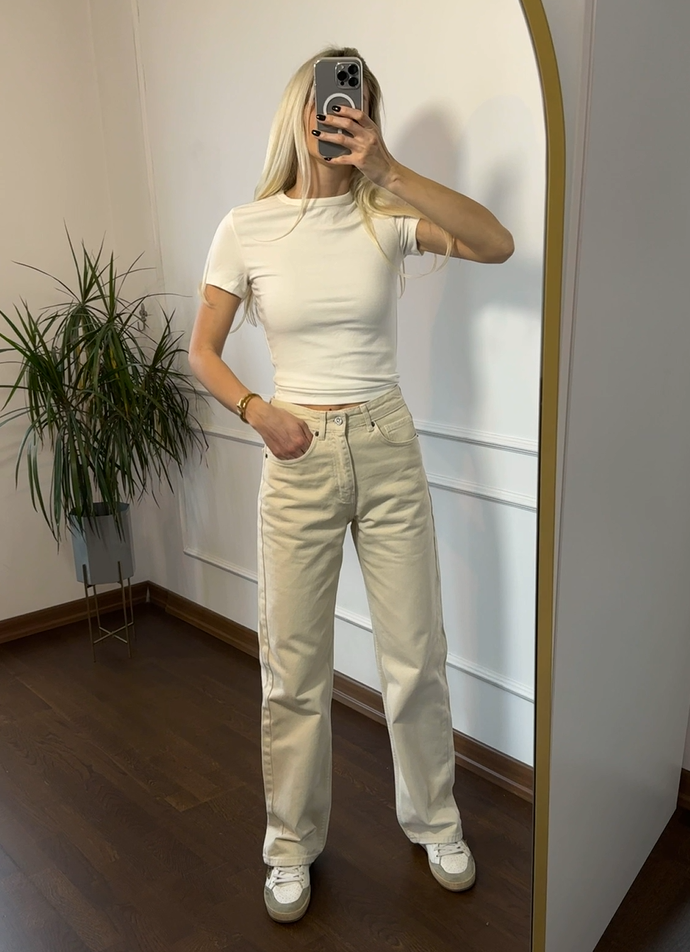 Ekru Straight Jean Yüksek Bel