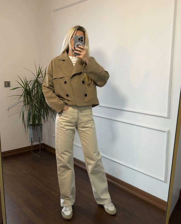 Ekru Straight Jean Yüksek Bel