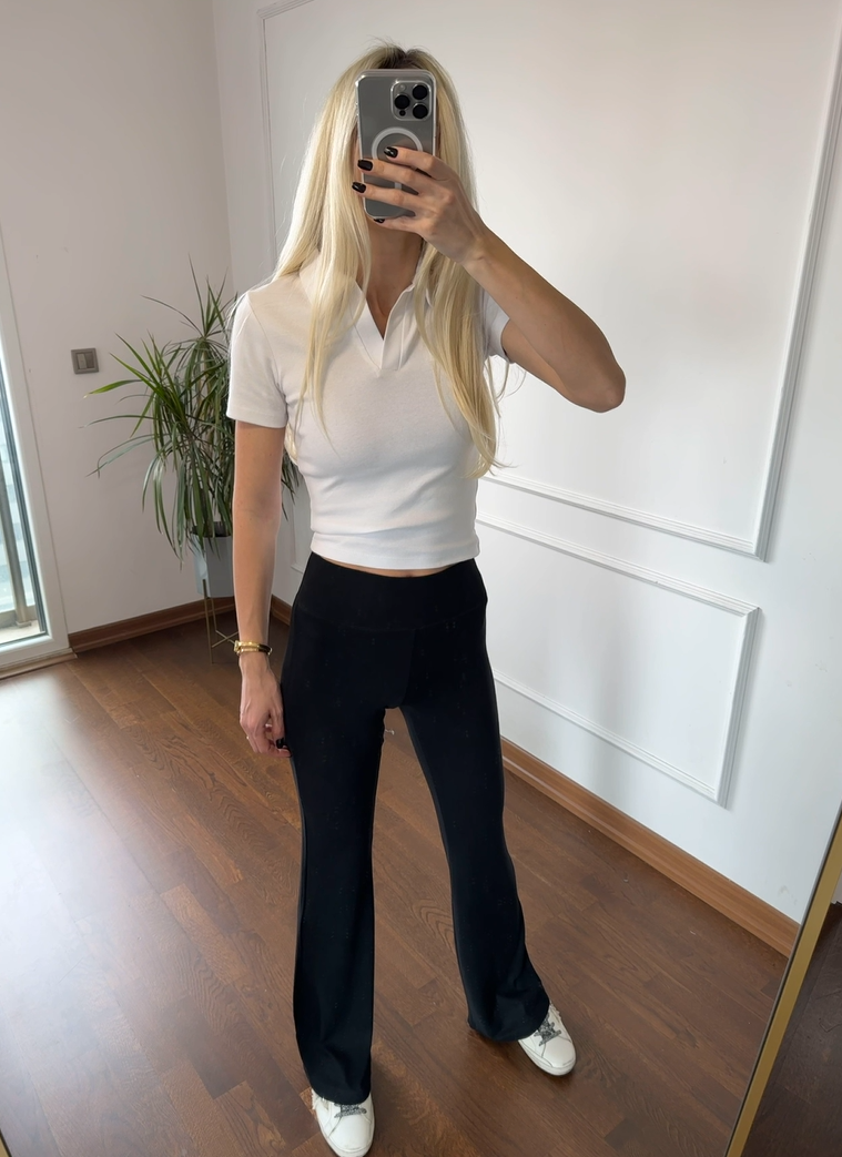 Kalın Kemerli Soft Touch Likralı İspanyol Paça Siyah Tayt