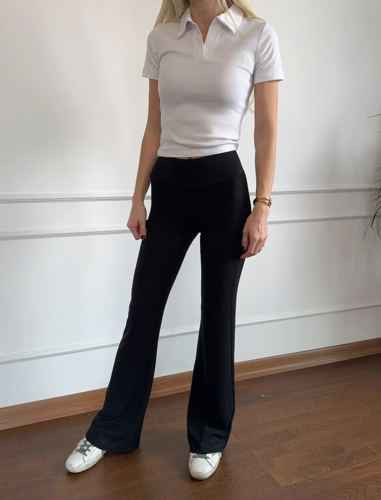 Kalın Kemerli Soft Touch Likralı İspanyol Paça Siyah Tayt