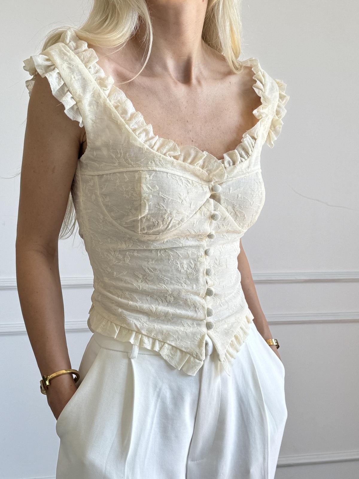 Açık Sarı Fırfırlı Dantelli Bluz