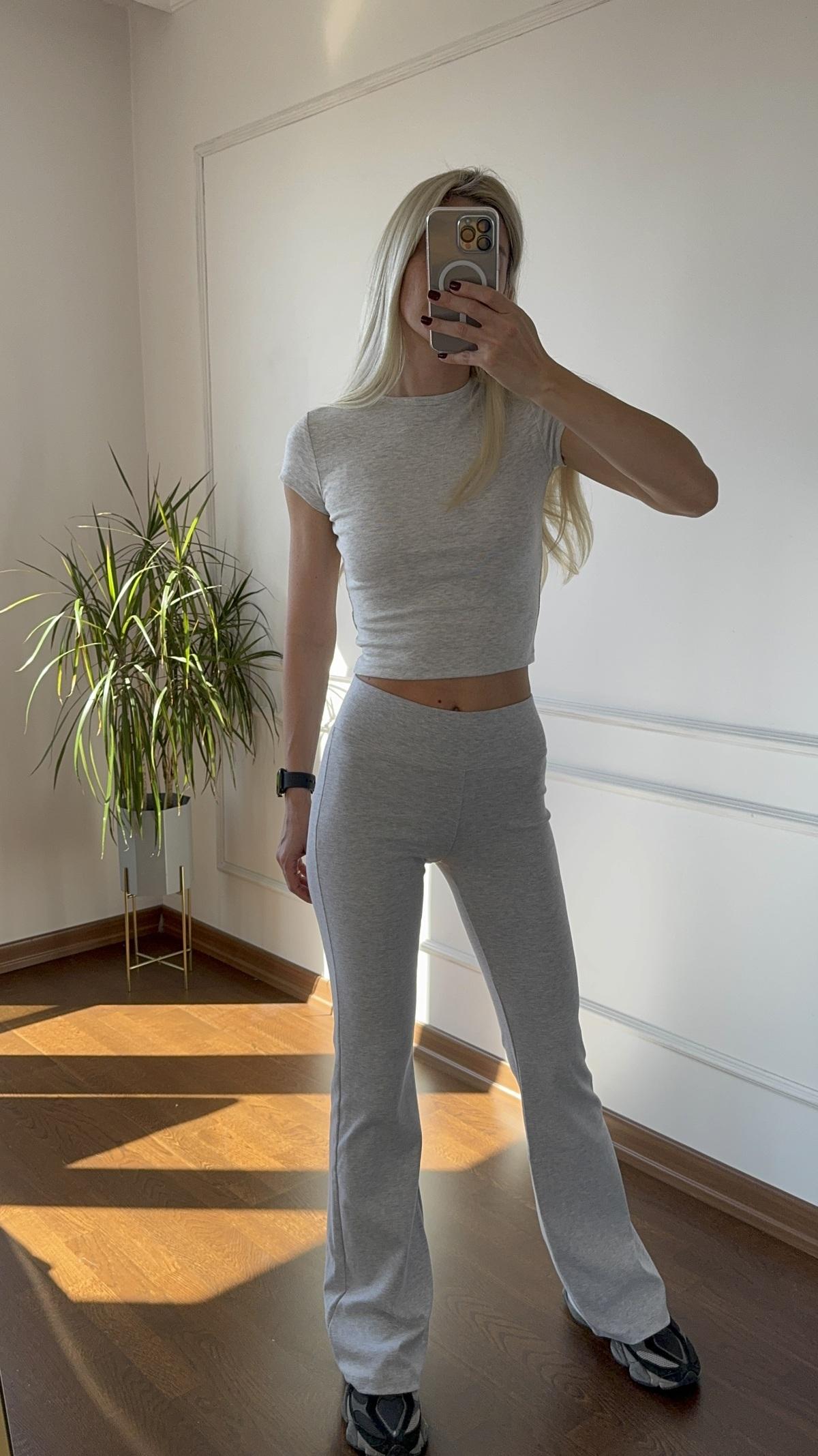 Kalın Kemerli Soft Touch Likralı İspanyol Paça Gri Tayt