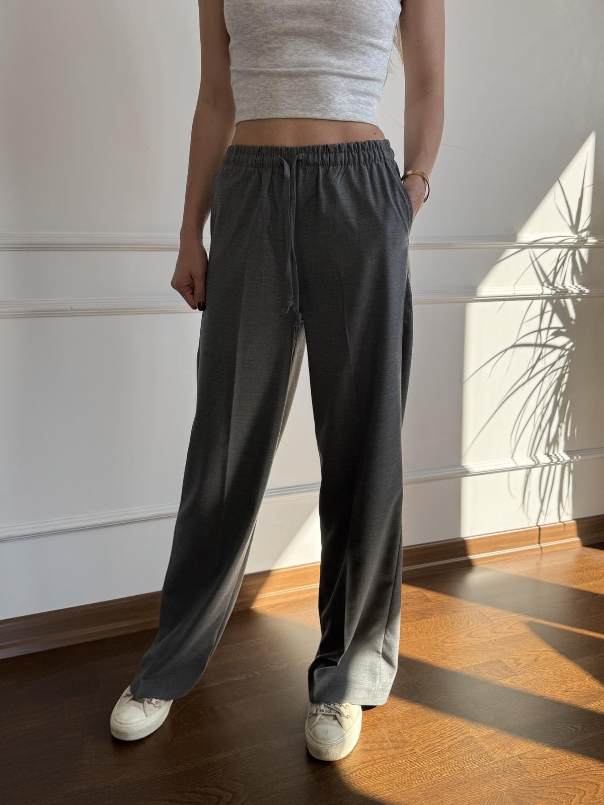 Gri Beli Lastikli Bol Paça  Pantolon