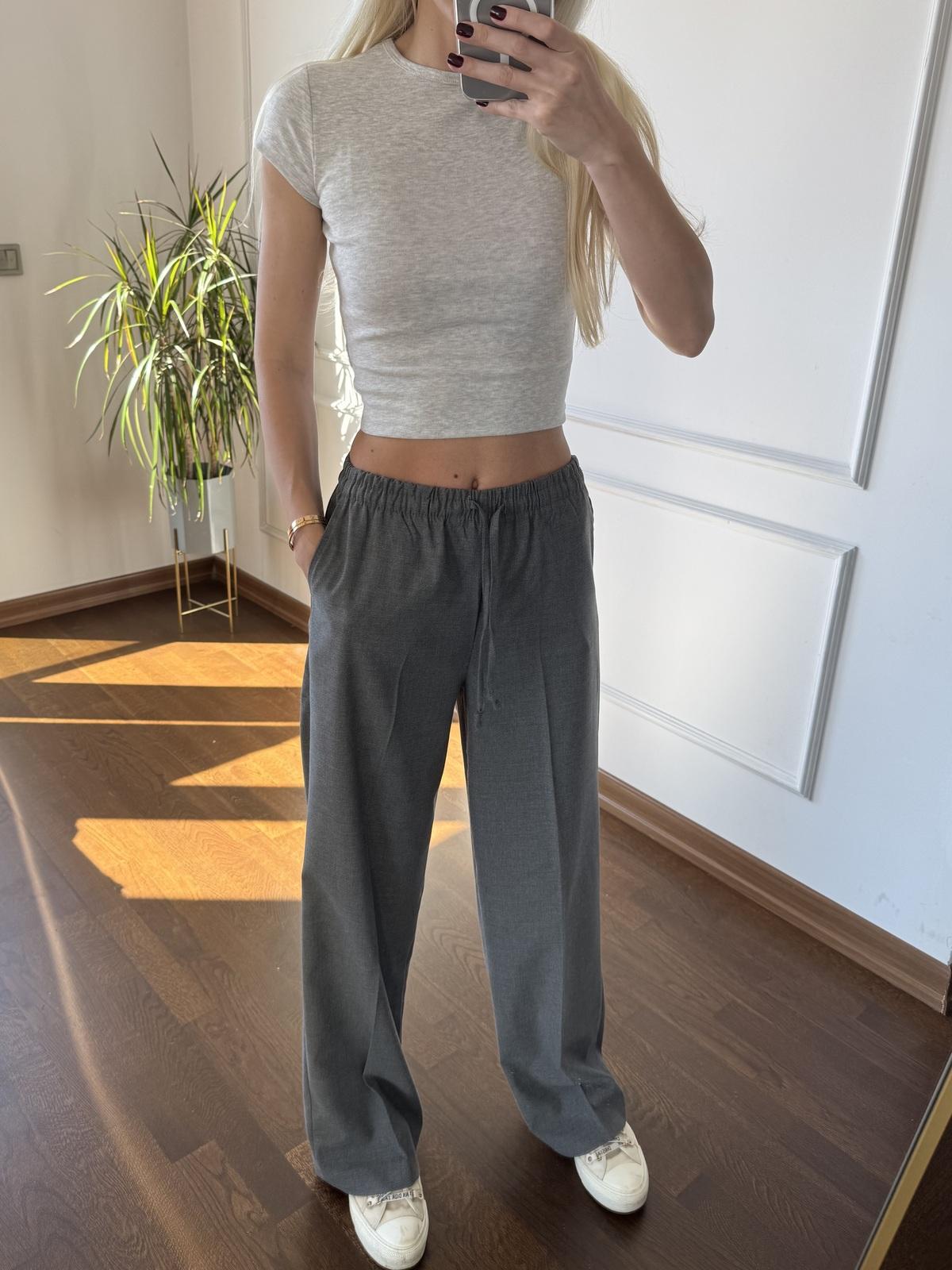 Gri Beli Lastikli Bol Paça  Pantolon