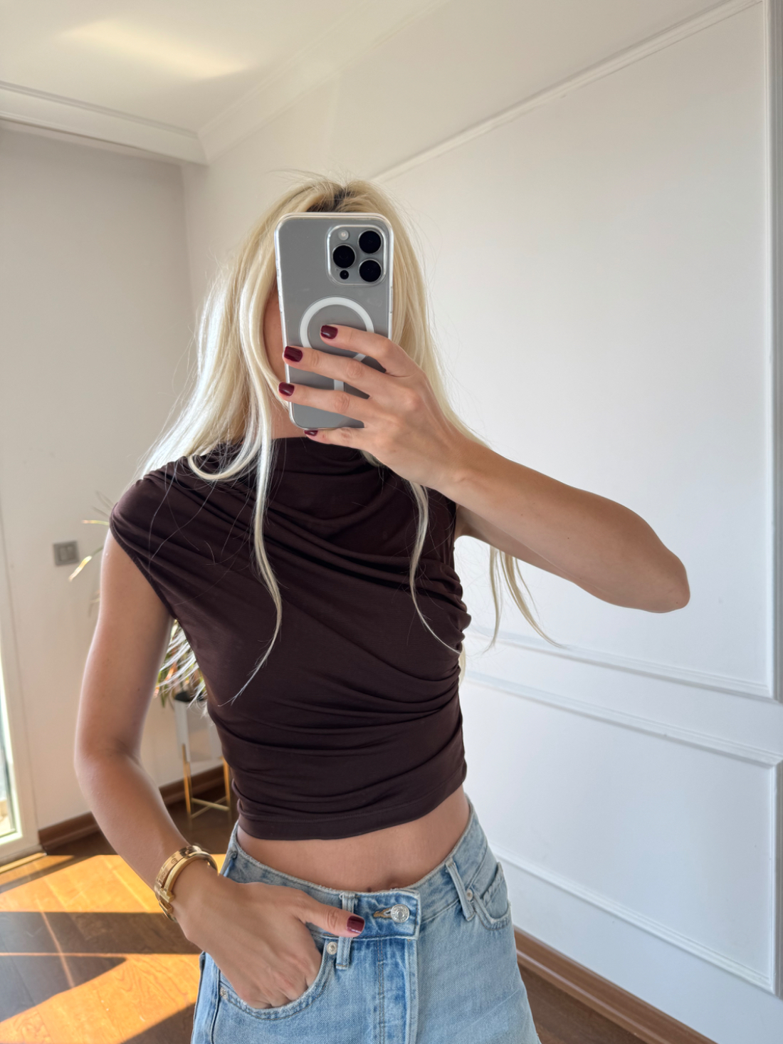 Kahverengi Drapeli Bluz