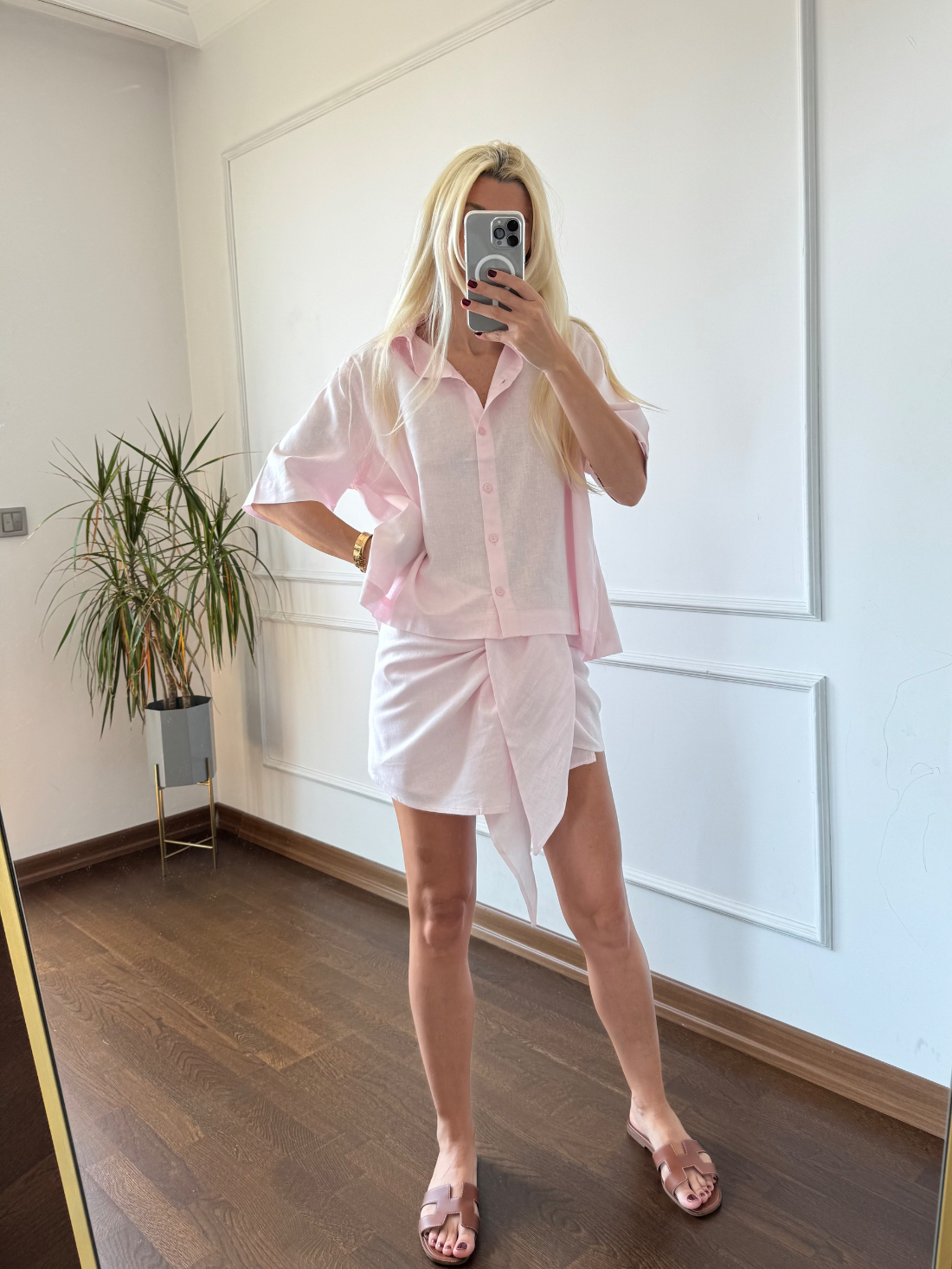 Pembe Bağlama Detaylı Keten Gömlek Etek Takım