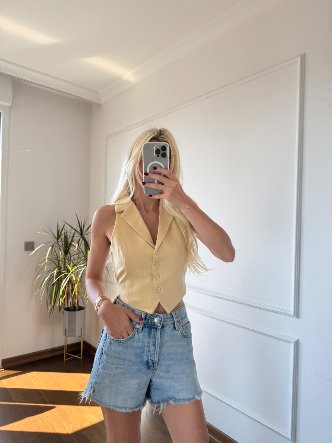 Sarı Bağlama Detaylı Yelek