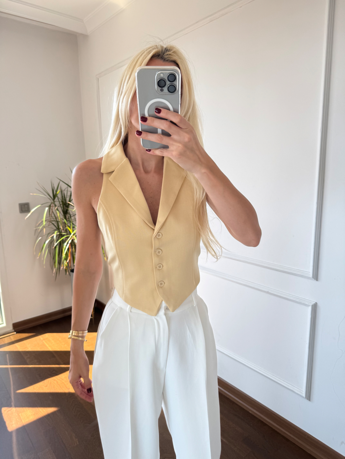 Sarı Bağlama Detaylı Yelek