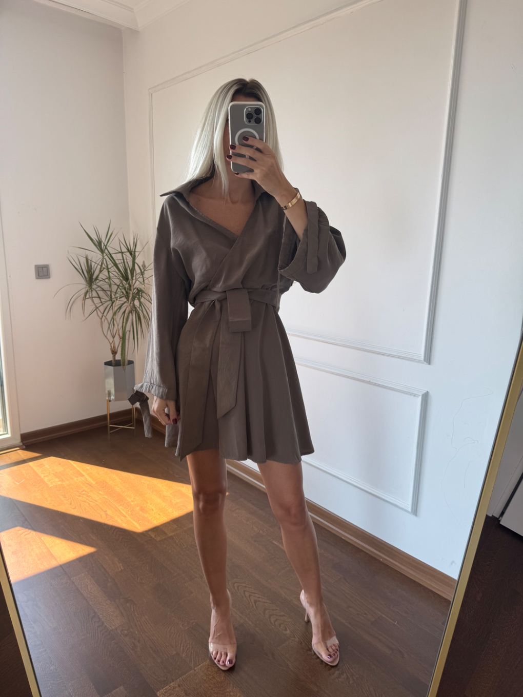 Kruvaze Kuşaklı Modal Elbise Vizon