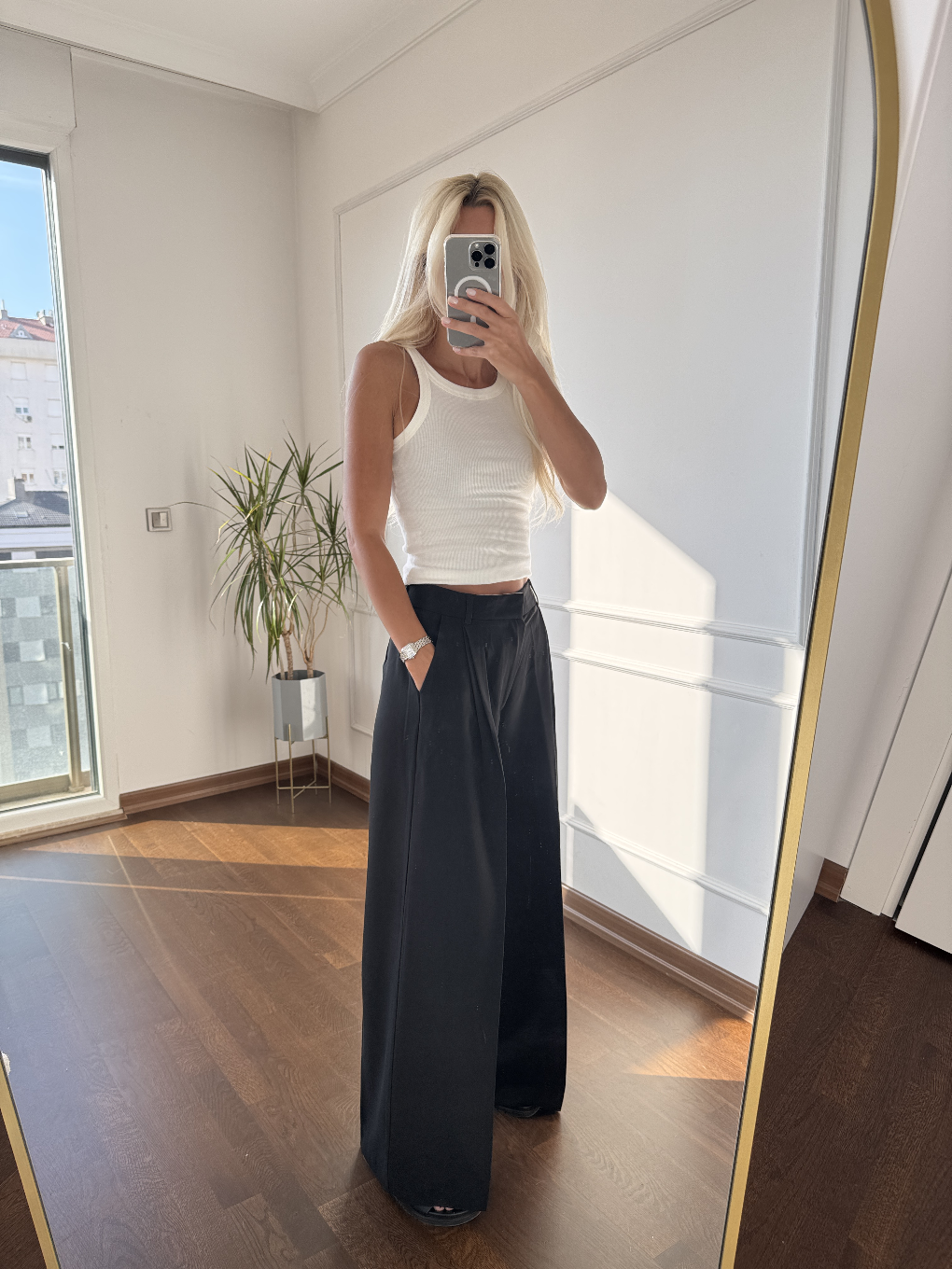 Pileli Siyah Palazzo Pantolon