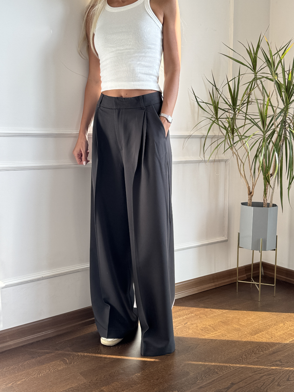 Pileli Koyu Kahve Palazzo Pantolon