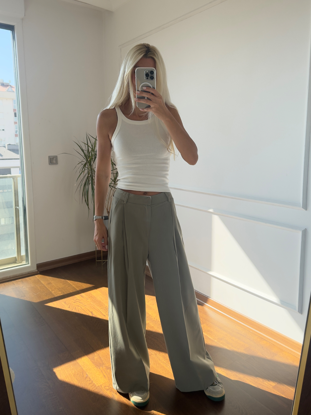 Pileli Haki Palazzo Pantolon