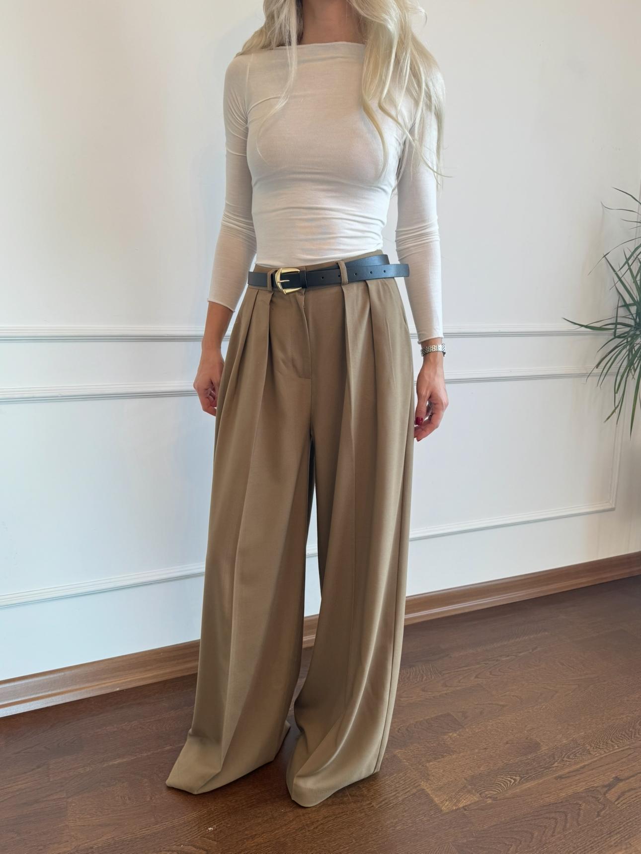 Pileli Kemerli Karamel Palazzo Pantolon