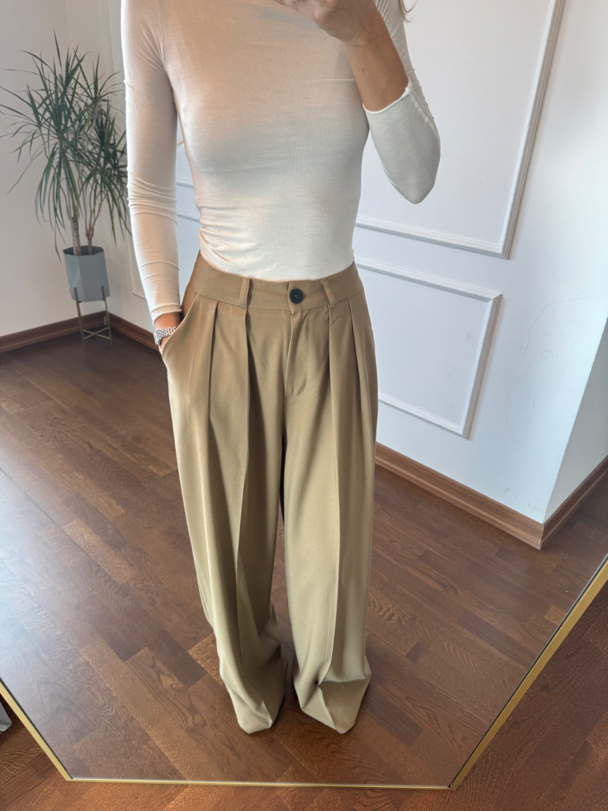 Pileli Kemerli Karamel Palazzo Pantolon