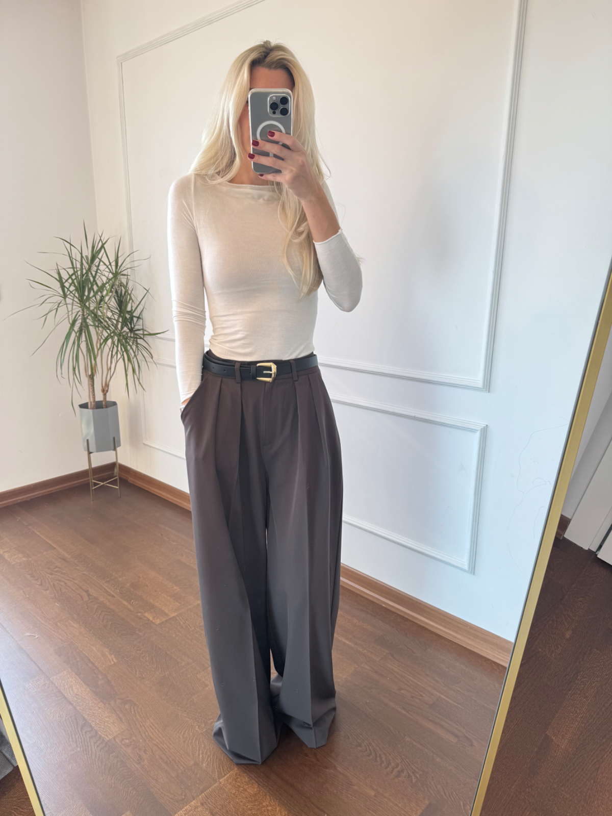 Pileli Kemerli Koyu Kahve Palazzo Pantolon