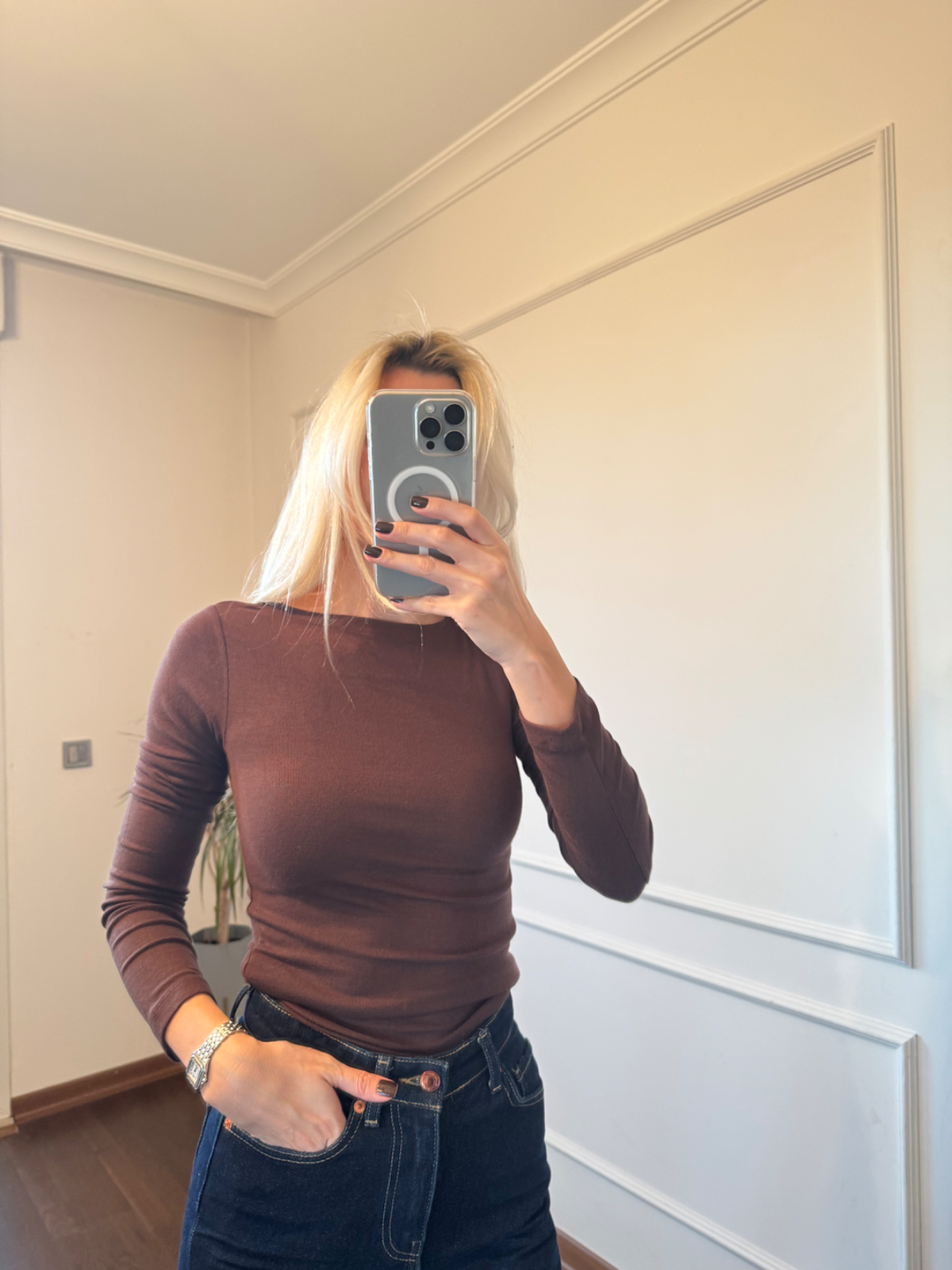 Uzun Kollu Kahverengi Koton Body