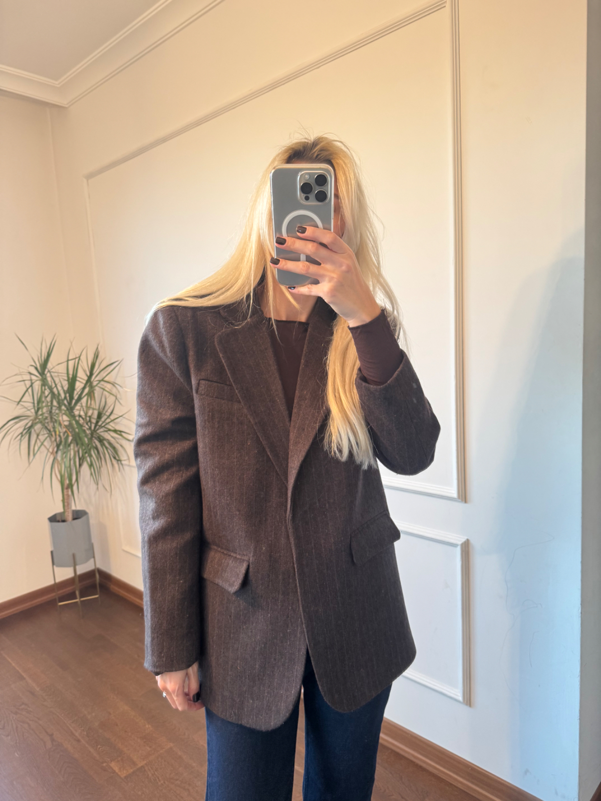 Kemerli Çizgili Kahverengi Kaşe Ceket