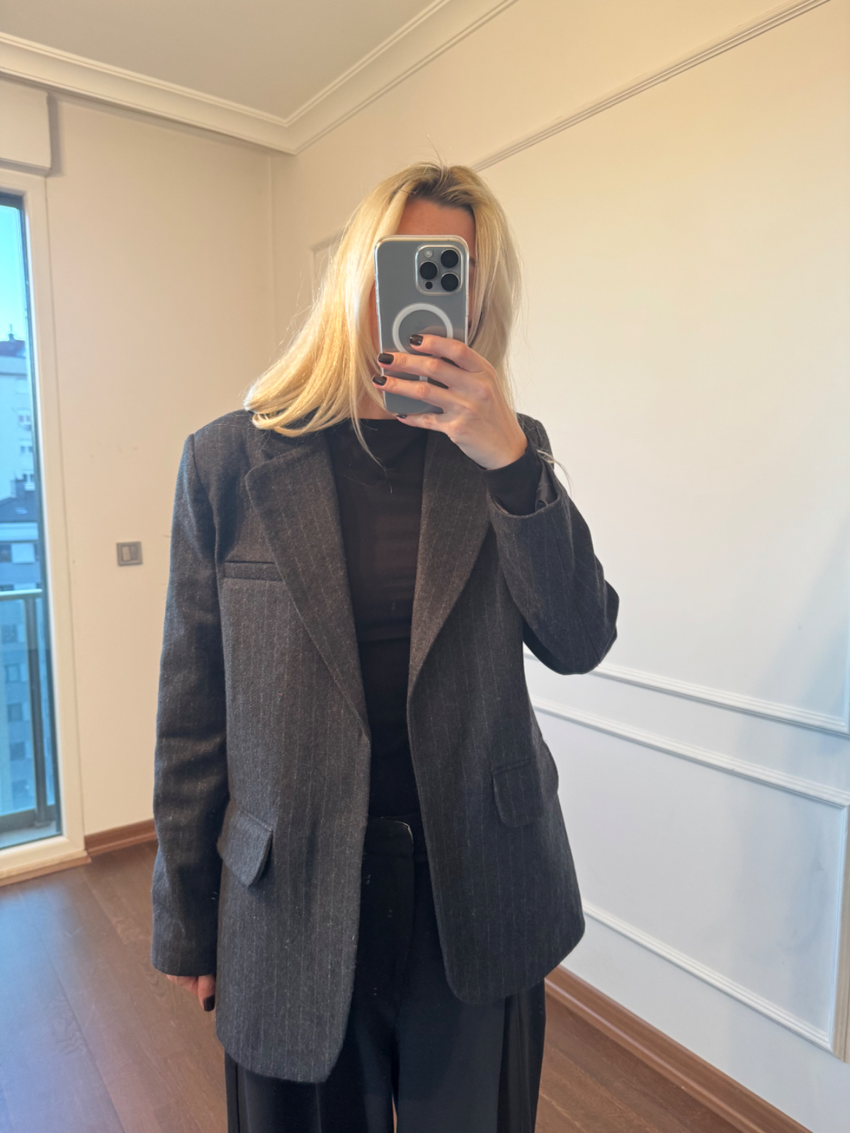 Kemerli Çizgili Antrasit Kaşe Ceket