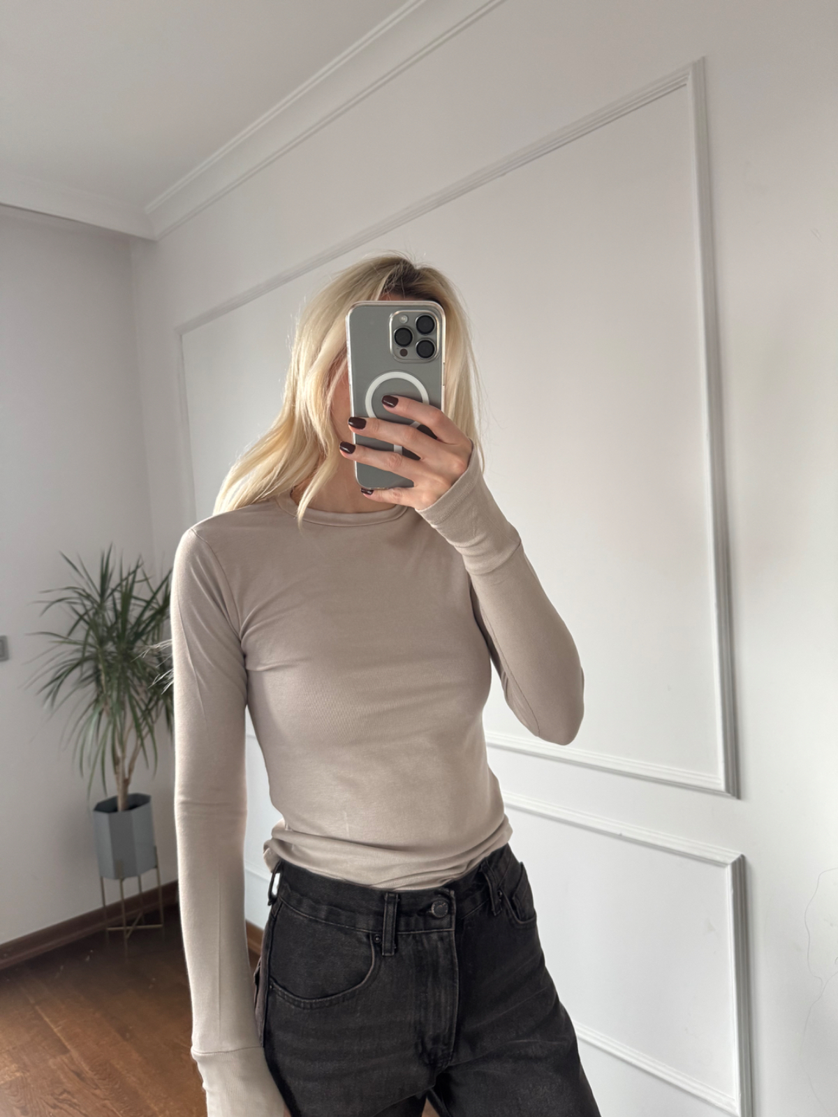 Bisiklet Yaka Parmak Geçmeli Bej Örme Bluz