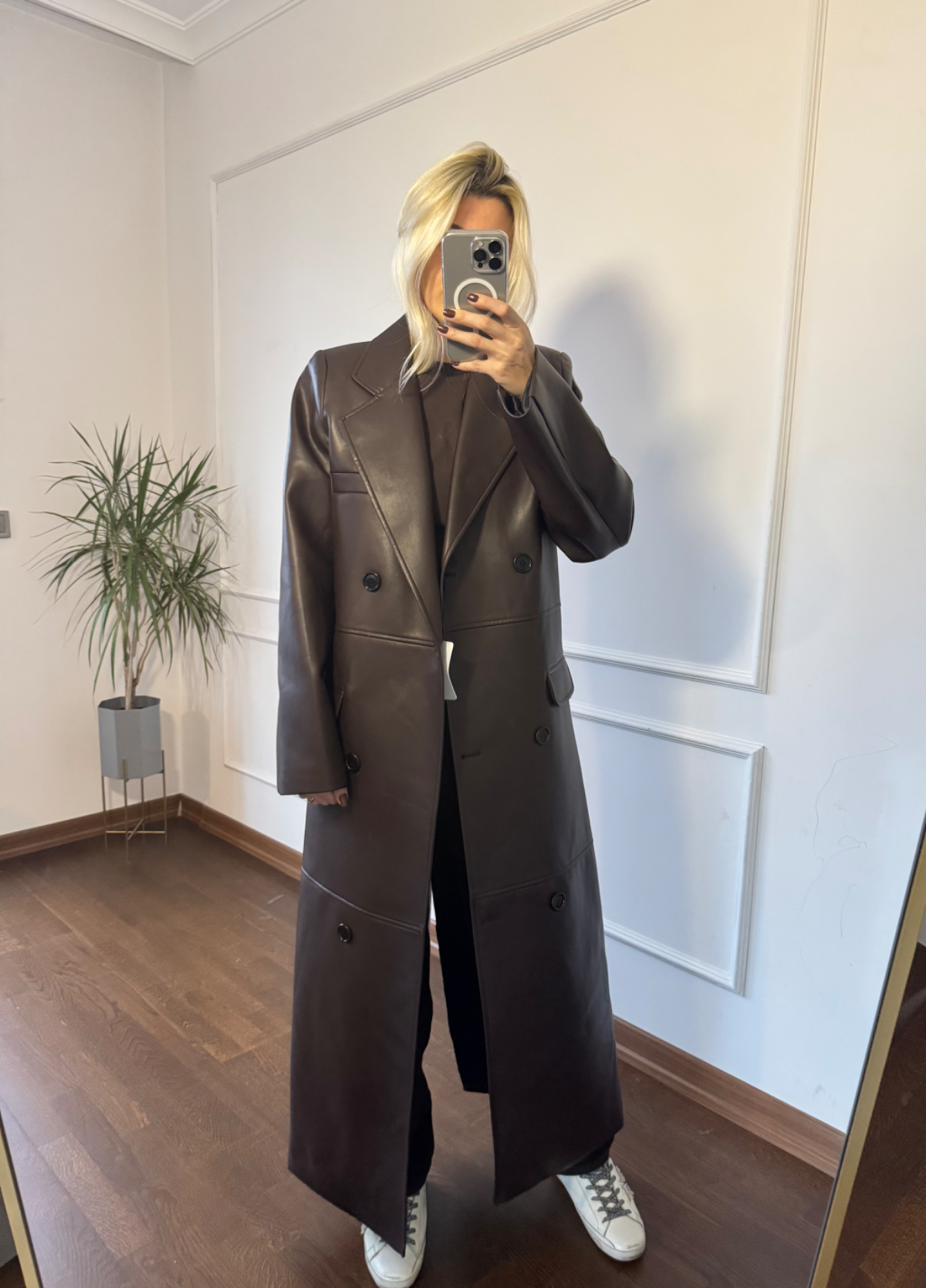 Kahverengi Kruvaze Uzun Deri Kaban