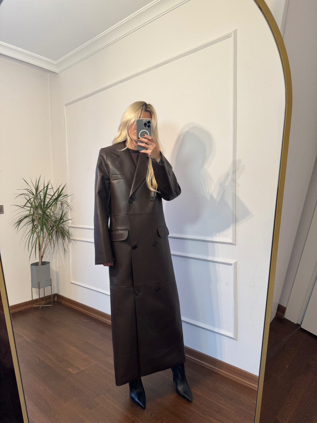 Kahverengi Kruvaze Uzun Deri Kaban