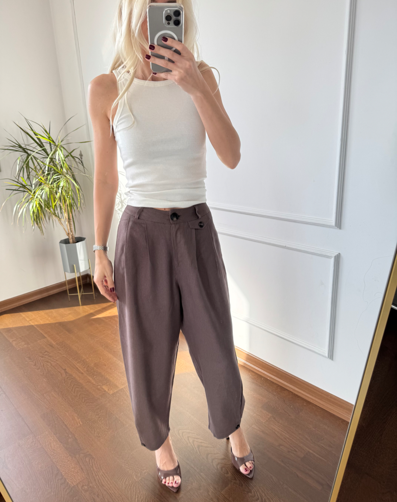 Kahverengi Kemerli Keten Pantolon