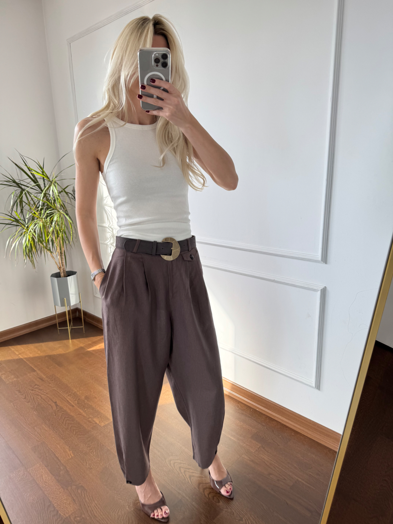 Kahverengi Kemerli Keten Pantolon