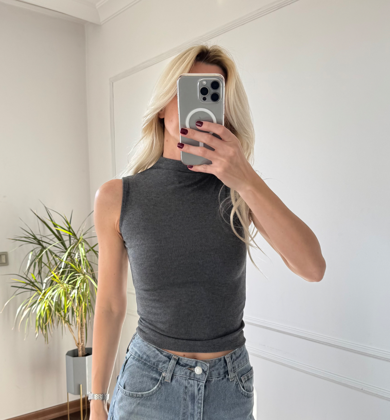 Yaka Detaylı Body Gri