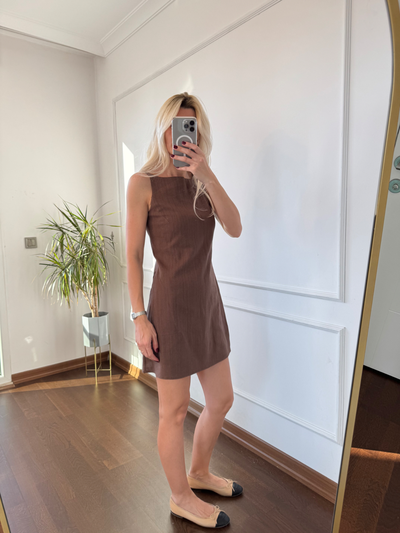 Kahverengi Keten Mini Elbise