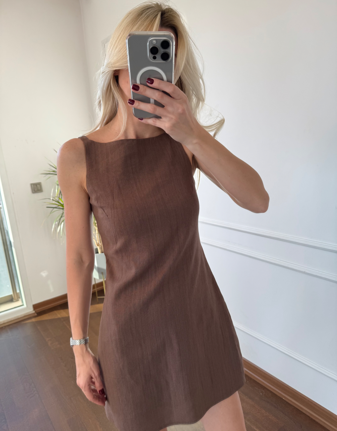 Kahverengi Keten Mini Elbise