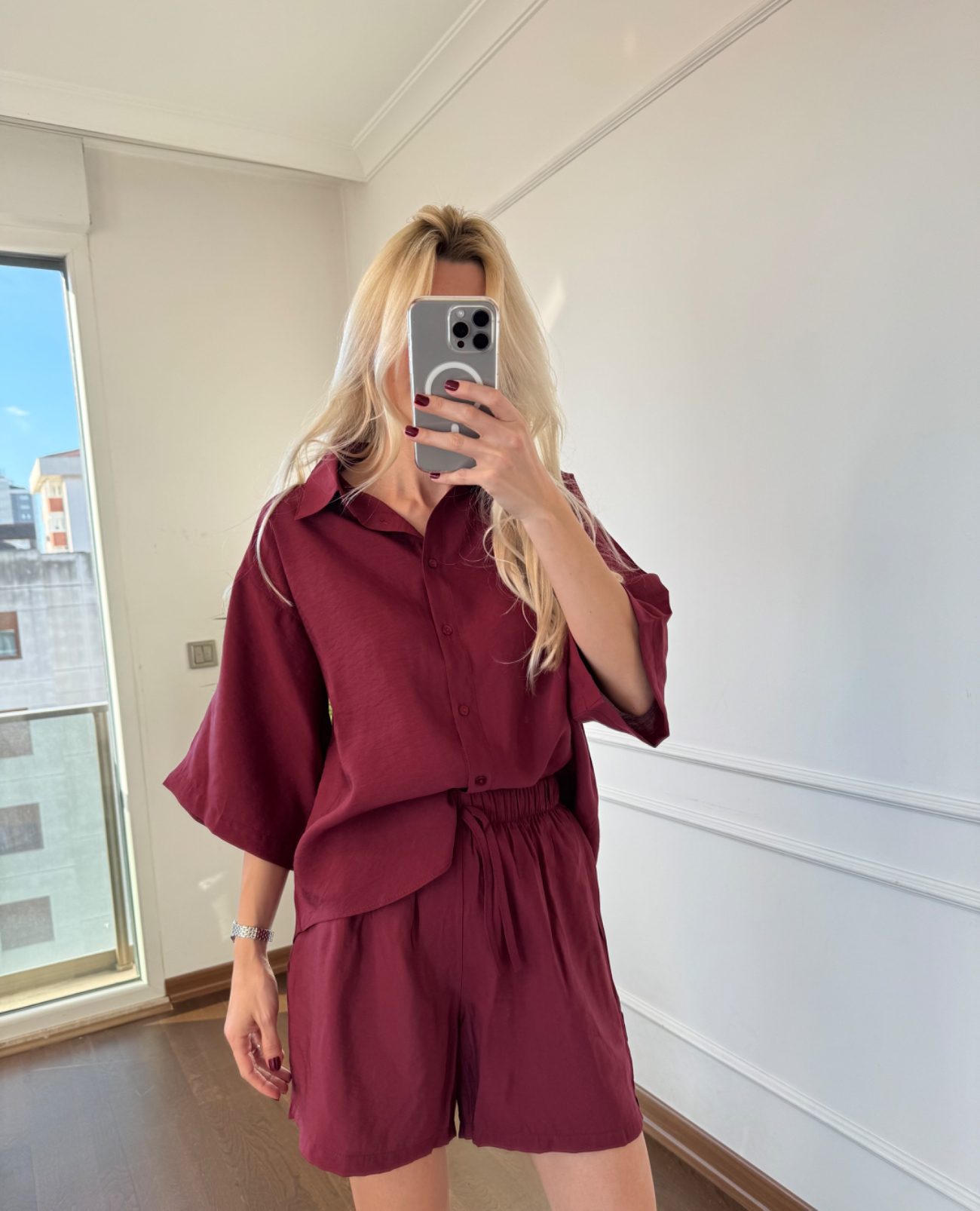 Bordo Gömlek Şort Takım
