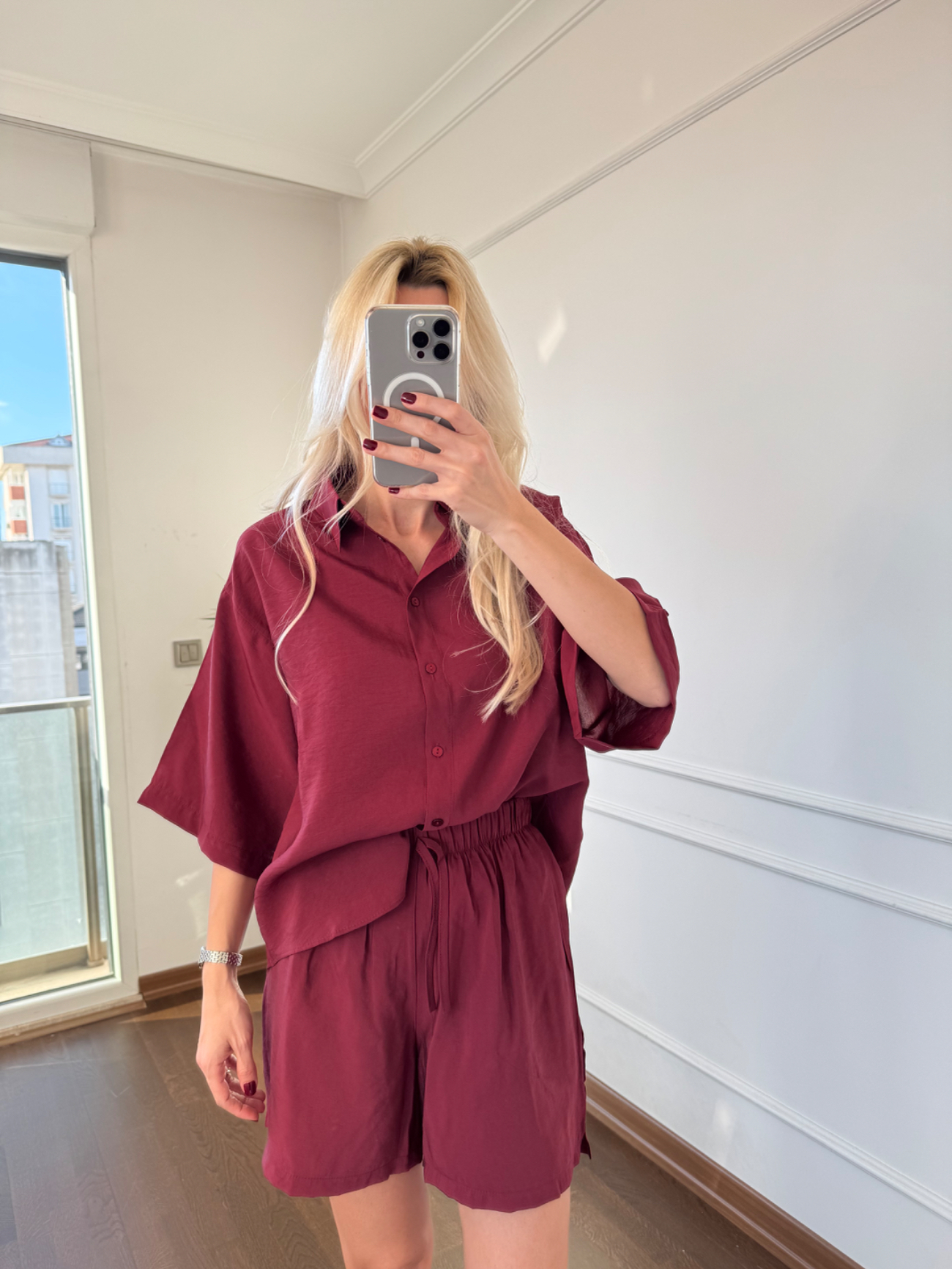 Bordo Gömlek Şort Takım